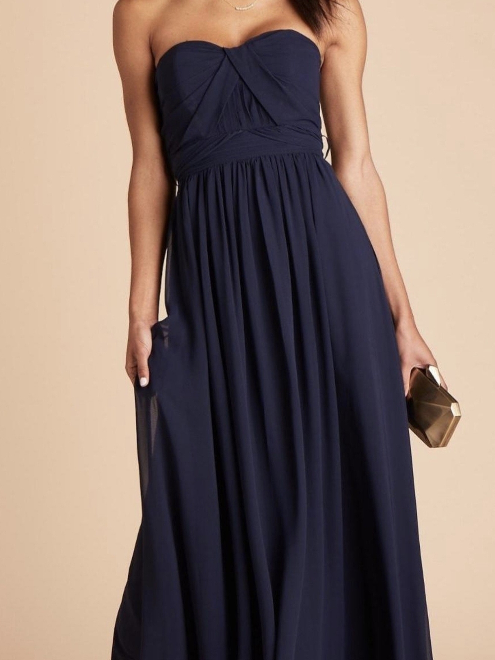 David's Bridal Strapless Navy Chiffon Gown